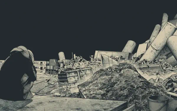 4K Ultra HD manga-style Tokyo Ghoul:re desktop wallpaper of a desolate, rubble-strewn cityscape beneath a bleak sky, conveying deep depression and isolation.