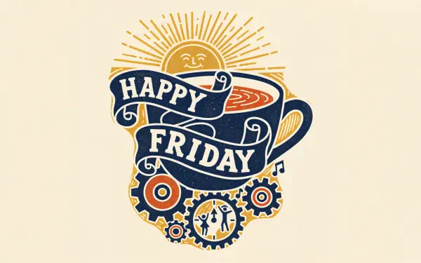 Retro teacup illustration with sun, gears and musical notes spelling Happy Friday — 4K Ultra HD PC desktop wallpaper and background.