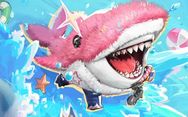 2K Quad HD PC desktop wallpaper/background: Jeff the Land Shark from video game Marvel Rivals — a joyful pink shark-plush with wide grin bursting through water splashes and stars.