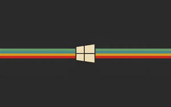 Gruvbox-styled HD Windows desktop wallpaper: minimalist beige Windows logo centered over retro 90s rainbow stripes on a dark background.