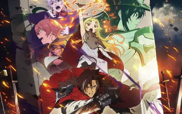 Anime Sentenced to Be a Hero HD PC desktop wallpaper/background, dynamic fiery collage of the main cast in dramatic battle poses.