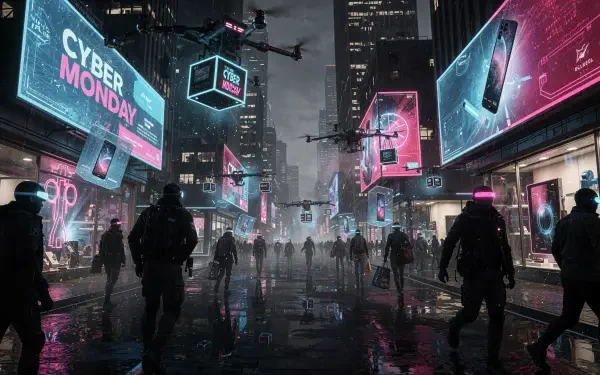 Cyber Monday neon-soaked cyberpunk city street at night with drones and silhouetted crowds, rain-reflections and giant billboards — 4K Ultra HD PC desktop wallpaper/background.