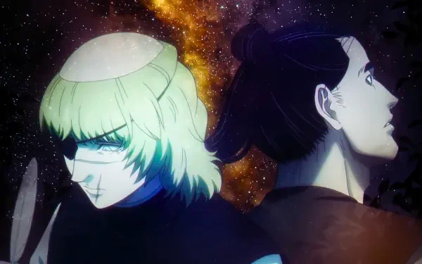Anime HD PC desktop wallpaper: Badeni and Oczy back-to-back before a bright nebula in the universe, with the title Orb: On the Movements of the Earth.