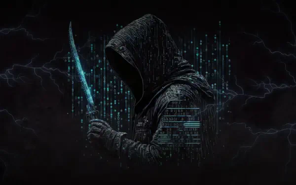 Dark 5K Ultra HD PC desktop wallpaper: hooded cyber-assassin holding a glowing dagger amid streaming code and stormy lightning, blending cybersecurity and technology.