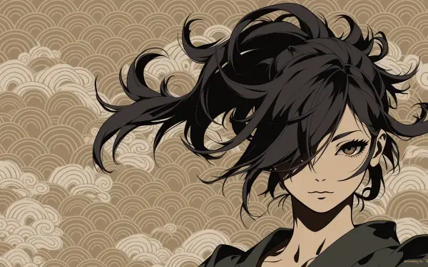 2K Quad HD PC desktop wallpaper of Hyakkimaru (Dororo): anime close-up, wind-tousled dark hair and intense gaze against a beige traditional wave-pattern background.