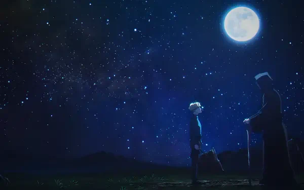 Anime HD desktop wallpaper: Rafal and Hubert stand beneath a starry night sky with a glowing orb-like moon — scene from Orb: On the Movements of the Earth