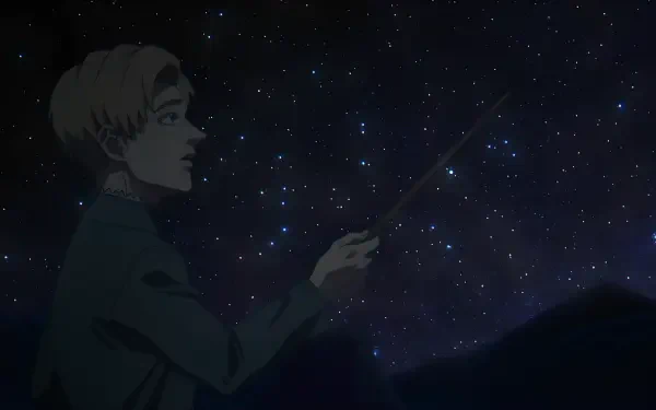 Anime HD desktop wallpaper 'Orb: On the Movements of the Earth' by Rafal — a young figure points a wand at a star-filled universe above silhouetted mountain scenery.