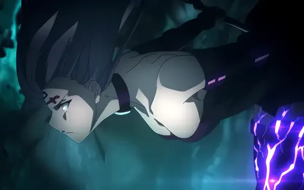 Rider from the Fate series lunges through teal mist, purple lightning arcing from her arm in a dynamic anime battle — 4K Ultra HD PC desktop wallpaper.