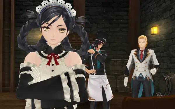 4K Ultra HD PC desktop wallpaper from the video game Tales of Berseria: a maid-like woman with braided pigtails in the foreground, two men conversing behind her in a dim tavern.