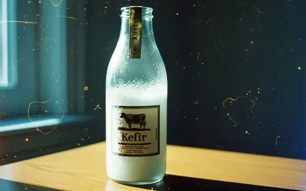 4K Ultra HD PC desktop wallpaper: a glass bottle of kefir on a sunlit wooden table by a window, soft bokeh and film grain.