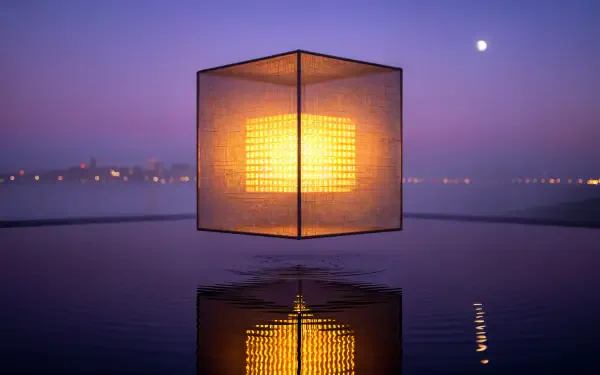 4K Ultra HD PC desktop wallpaper and background: glowing golden cube suspended above a mirror-like water surface at twilight, purple sky with moon and distant city lights.