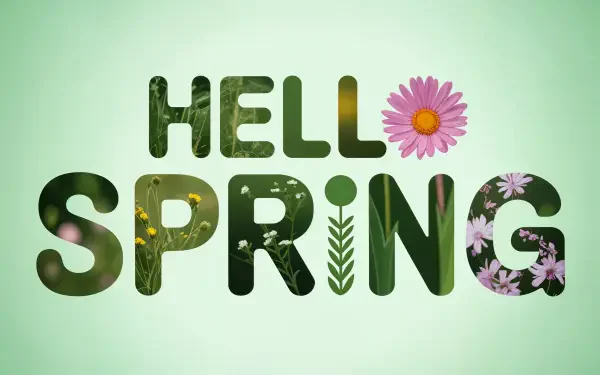 4K Ultra HD PC desktop wallpaper reading HELLO SPRING with letters filled with flowers, leaves and green textures on a soft mint gradient background.