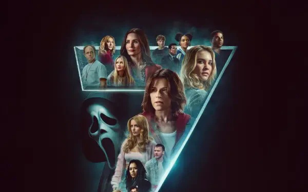 Triangular neon-teal collage of Scream 7 characters surrounding a Ghostface mask silhouette on a black background — 2K Quad HD PC desktop wallpaper/background.