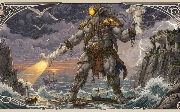 4K Ultra HD PC desktop wallpaper and background: a towering cyclops with a glowing eye and trident wades through stormy seas toward crumbling coastal ruins as ships flee.