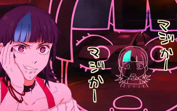 4K Ultra HD PC desktop wallpaper of Kirara Hoshi from Jujutsu Kaisen 3rd Season: pink-hued anime girl with two-tone bangs, playful grin and neon doodle faces in the background.