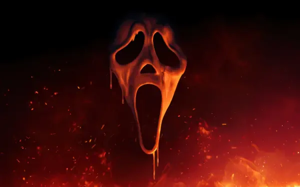 Scream 7 Ghostface mask melting over fiery embers, dramatic 8K Ultra HD PC desktop wallpaper and background.