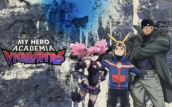 My Hero Academia: Vigilantes 4K Ultra HD PC desktop wallpaper/background showing three vigilante heroes — pink-haired girl, blue/red hero, and a masked tall man against a textured wall.