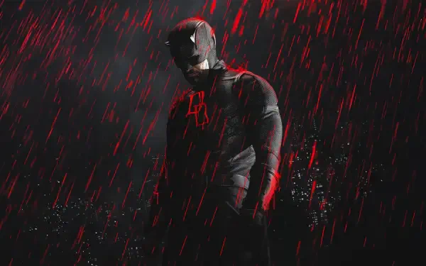 Daredevil: Born Again — 4K Ultra HD PC desktop wallpaper of a dark red-suited Daredevil, head bowed in red-lit rain with a shadowy city backdrop.