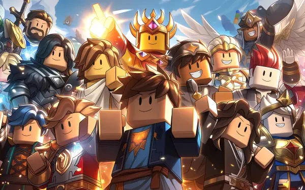 Vibrant Roblox roleplay hero ensemble in epic 2K Quad HD PC desktop wallpaper, smiling blocky characters in armor and crowns strike triumphant poses against a glowing sky.