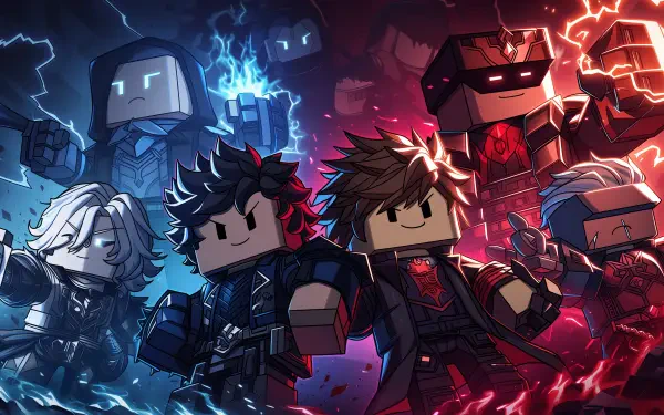 Roblox roleplay 2K Quad HD PC desktop wallpaper: blocky heroes and villains clash in blue vs red energy, wearing cyberpunk outfits and wielding glowing weapons.