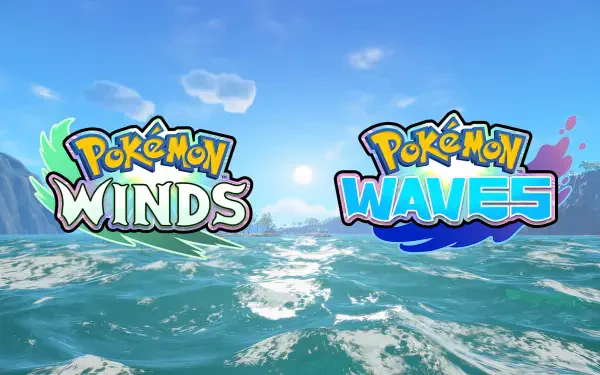 HD desktop wallpaper showing Pokémon Winds and Pokémon Waves logos floating over a sunlit sea horizon — promotional background art for Nintendo Switch 2.