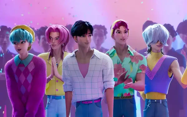 4K Ultra HD PC desktop wallpaper from the movie KPop Demon Hunters featuring Saja Boys: five stylized band members in colorful outfits against a pink‑purple cityscape background.