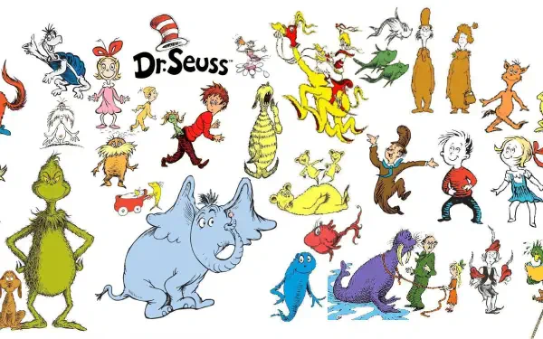 HD PC desktop wallpaper showing a colorful collage of Dr. Seuss characters from The Cat in the Hat movie and other Seuss stories against a white background.