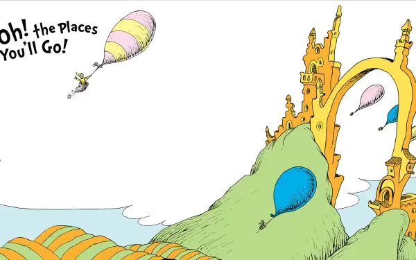 HD PC desktop wallpaper/background: movie-inspired Dr. Seuss' The Cat in the Hat art — Oh! The Places You'll Go! scene with rolling hills, floating balloons and a golden arch.