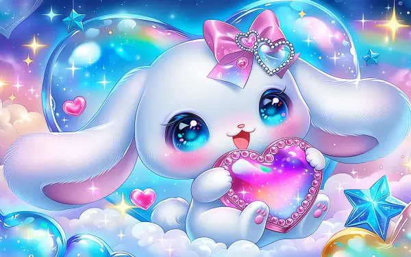 Sanrio Cinnamoroll kawaii 2K Quad HD PC wallpaper: pastel starry sky and clouds with a big-eyed Cinnamoroll holding a jeweled heart, surrounded by bows, hearts and sparkling stars.