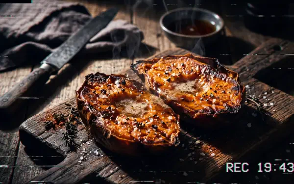 Roasted sweet potato halves with melted butter and seasoning on a rustic cutting board, knife and sauce in moody light — 5K Ultra HD PC desktop wallpaper and background.