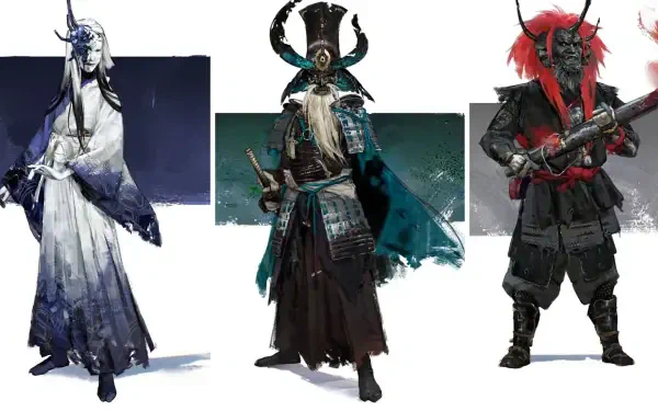 HD PC wallpaper for video game Ghost of Yōtei showing three ghostly samurai: a pale ethereal figure in white, a horned teal-armored leader, and a red-masked black-armored warrior.