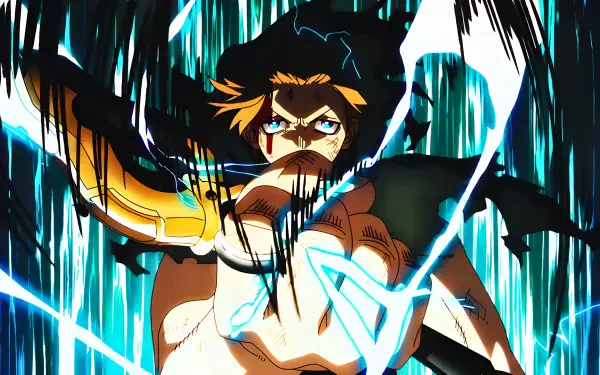 Arthur Boyle (Fire Force) unleashing crackling blue lightning in an intense anime close-up, dynamic streaks and dark contrast — 4K Ultra HD PC desktop wallpaper/background.