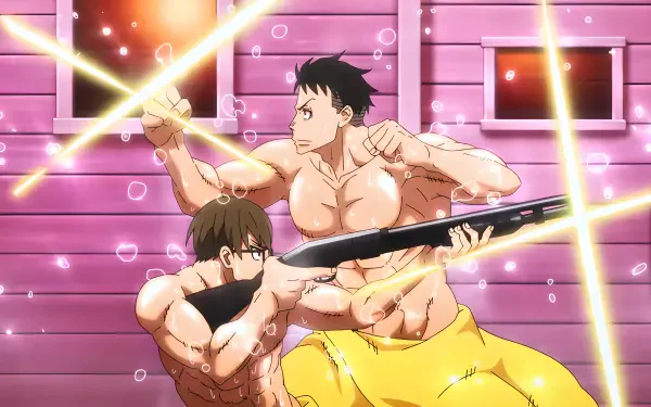 Fire Force 4K Ultra HD PC wallpaper: shirtless Captain Obi and Lieutenant Hinawa flex and fire rifles amid glowing tracer beams and bubbles against a pink wooden backdrop.