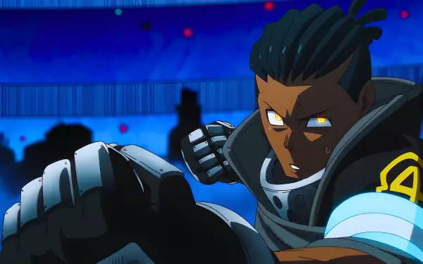 Close-up of Ogun from Fire Force in an intense anime fight pose, glowing eyes and armored fist thrust forward — 4K Ultra HD PC desktop wallpaper background.