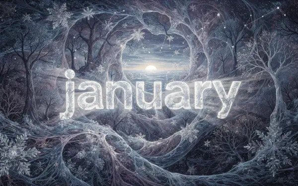 Frosted winter forest forming a heart around a glowing moon with icy 'january' text overlay — 4K Ultra HD PC desktop wallpaper background.