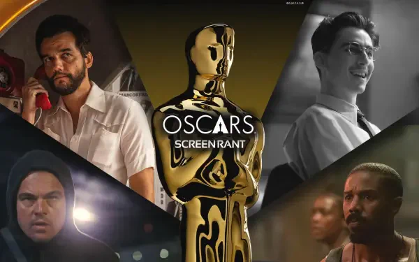 HD PC desktop wallpaper: gold Oscar statuette centered with Oscars ScreenRant text, surrounded by dramatic film character portraits in a cinematic Academy Awards collage.