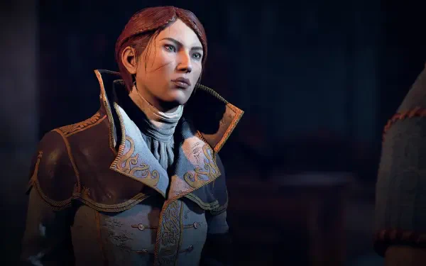 HD PC desktop wallpaper of a stern female character from the video game GreedFall: The Dying World, wearing an ornate period coat in dim, moody lighting.