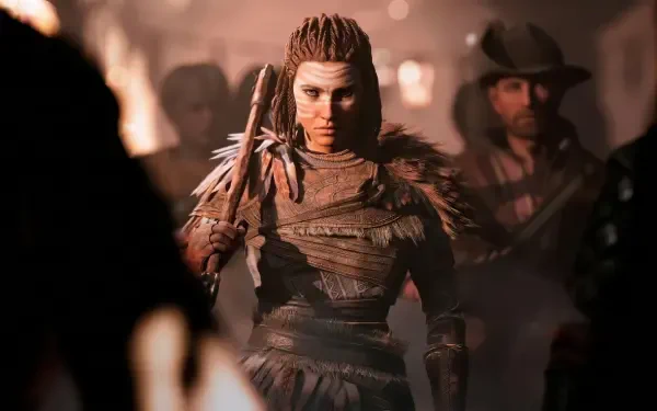 HD PC desktop wallpaper and background for the video game GreedFall: The Dying World — armored woman with braided hair and tribal attire standing amid a shadowy crowd.