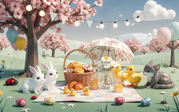 Cute spring 4K Ultra HD PC desktop wallpaper: pastel picnic with bunnies, ducklings and kitten beneath cherry blossoms, basket, parasol, balloons and string lights