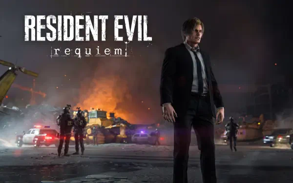 Leon S. Kennedy from Capcom's Resident Evil: Requiem stands amid burning wreckage and police lights in a tense horror scene — 5K Ultra HD PC desktop wallpaper.