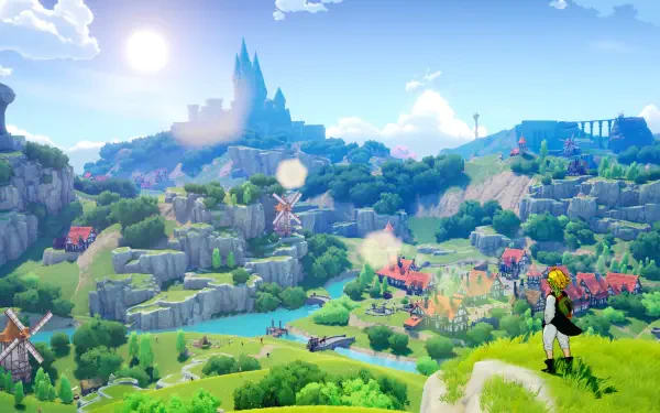 HD PC desktop wallpaper for the video game The Seven Deadly Sins: Origin — panoramic fantasy landscape with rolling hills, windmill town and a lone character overlooking the sunlit valley.