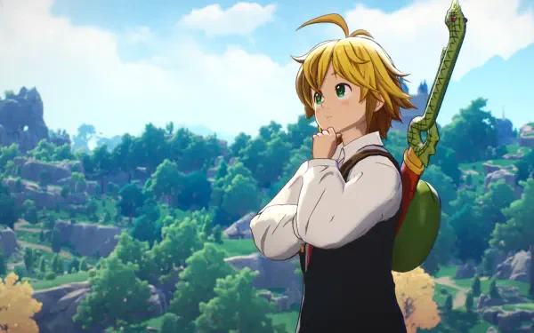 HD PC desktop wallpaper of Meliodas from the video game The Seven Deadly Sins: Origin — standing with his sword, gazing over a sunlit, forested valley.
