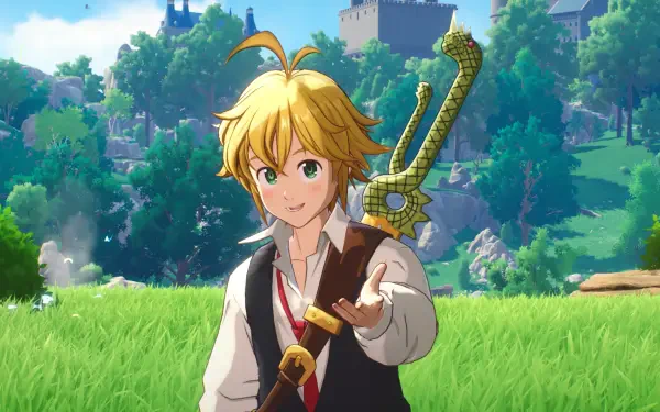 HD PC wallpaper: Meliodas from video game The Seven Deadly Sins: Origin — blond swordsman smiling and extending a hand in a sunny grassy field with castle and trees.