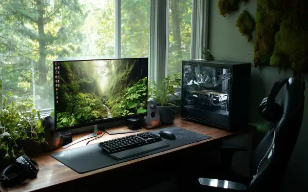 Gaming setup on a computer desk in a biophilic home office — a 2K Quad HD PC displays a lush nature-inspired wallpaper, surrounded by potted plants and a glass-sided PC.