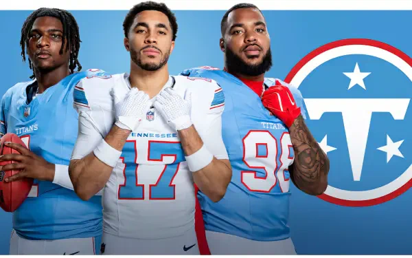 HD PC desktop sports wallpaper: three Tennessee Titans NFL football players in cyan uniforms pose with a football beside the team logo on a cyan background.