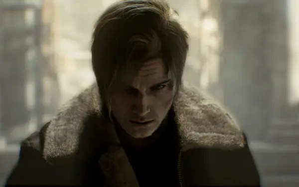 2K Quad HD PC wallpaper of Leon S. Kennedy from the video game Resident Evil Requiem, brooding in a fur-collared coat against a blurred, moody urban background.