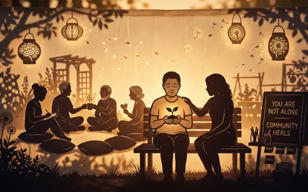 Mental health 5K Ultra HD PC desktop wallpaper: warm dusk support circle; central figure holds a glowing sapling, chalkboard reads You are not alone — community heals.