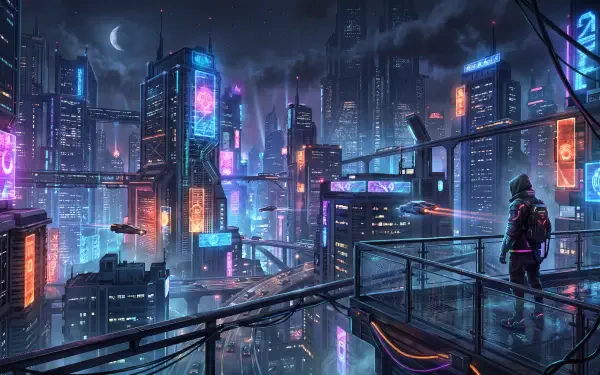 Cyberpunk neon cityscape at night with rain-slick streets and a lone hooded figure on a balcony — 5K Ultra HD PC Desktop Wallpaper and Background.