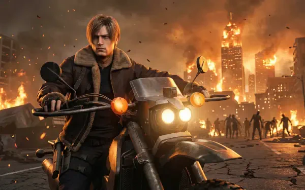 Leon S. Kennedy from Resident Evil Requiem on a motorcycle amid a burning, zombie-filled city — horror Capcom video game 2K Quad HD PC desktop wallpaper.