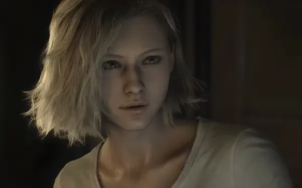 Grace Ashcroft from Resident Evil Requiem (Capcom): close-up of a pale, short‑blond woman in moody horror lighting — 4K Ultra HD PC desktop wallpaper.